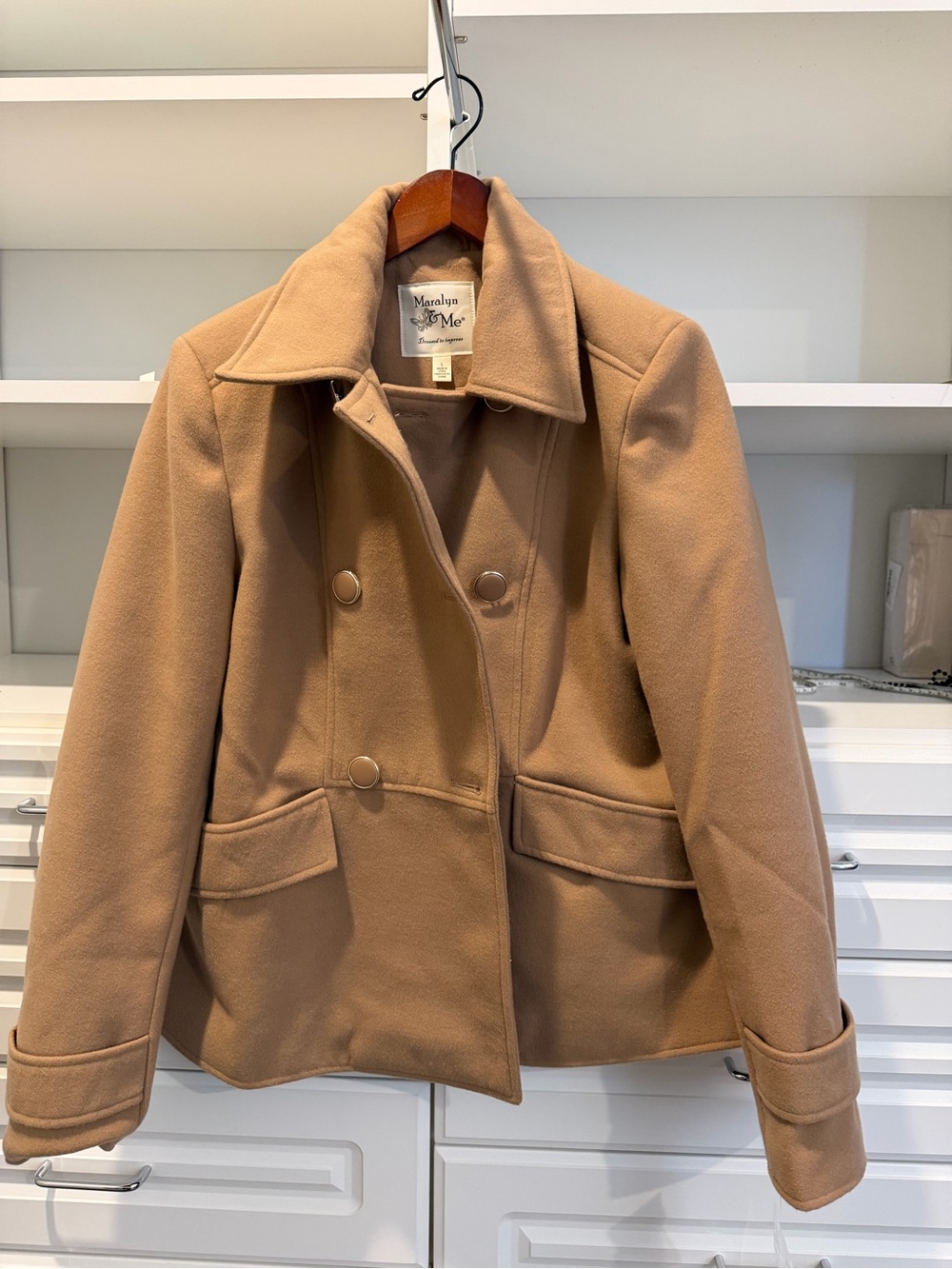 Maralyn & Me Women's Camel Double-Breasted Pea Coat